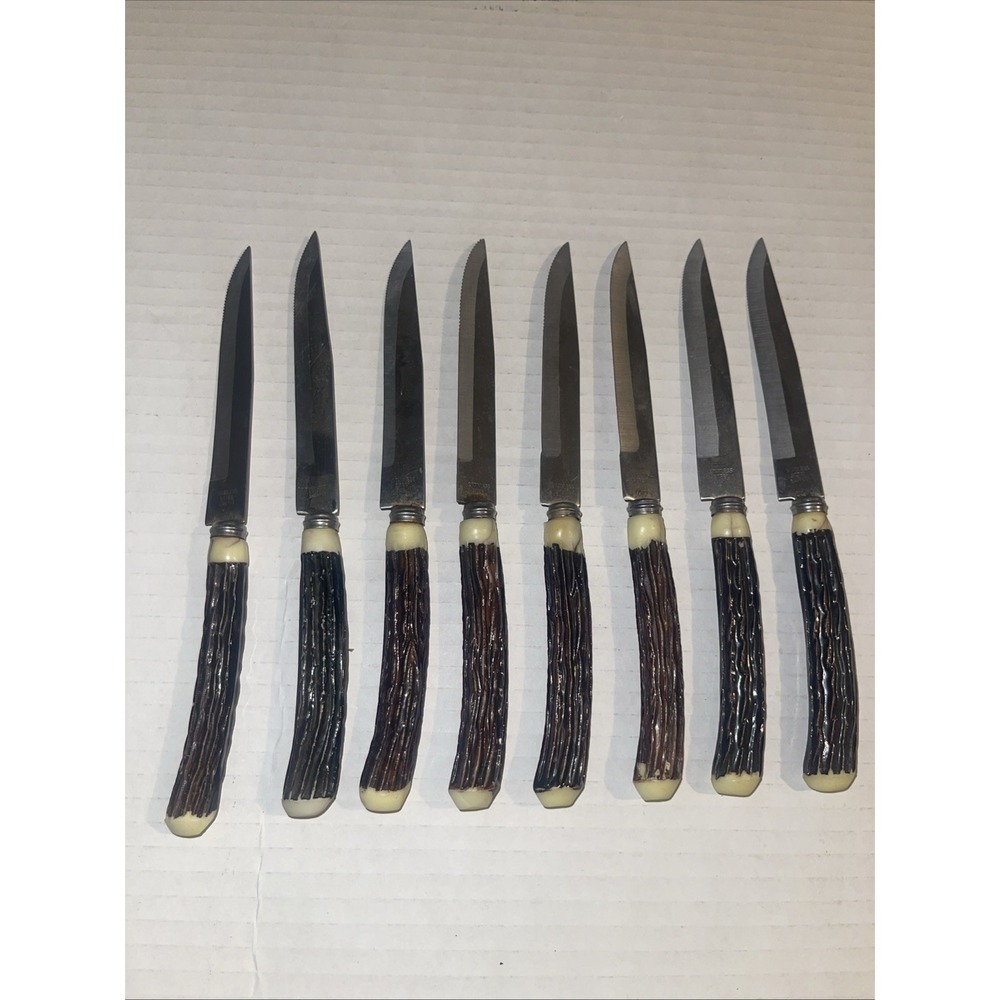 Vintage 8‎ Stainless Steel Faux Antler Steak Knives Made in Japan